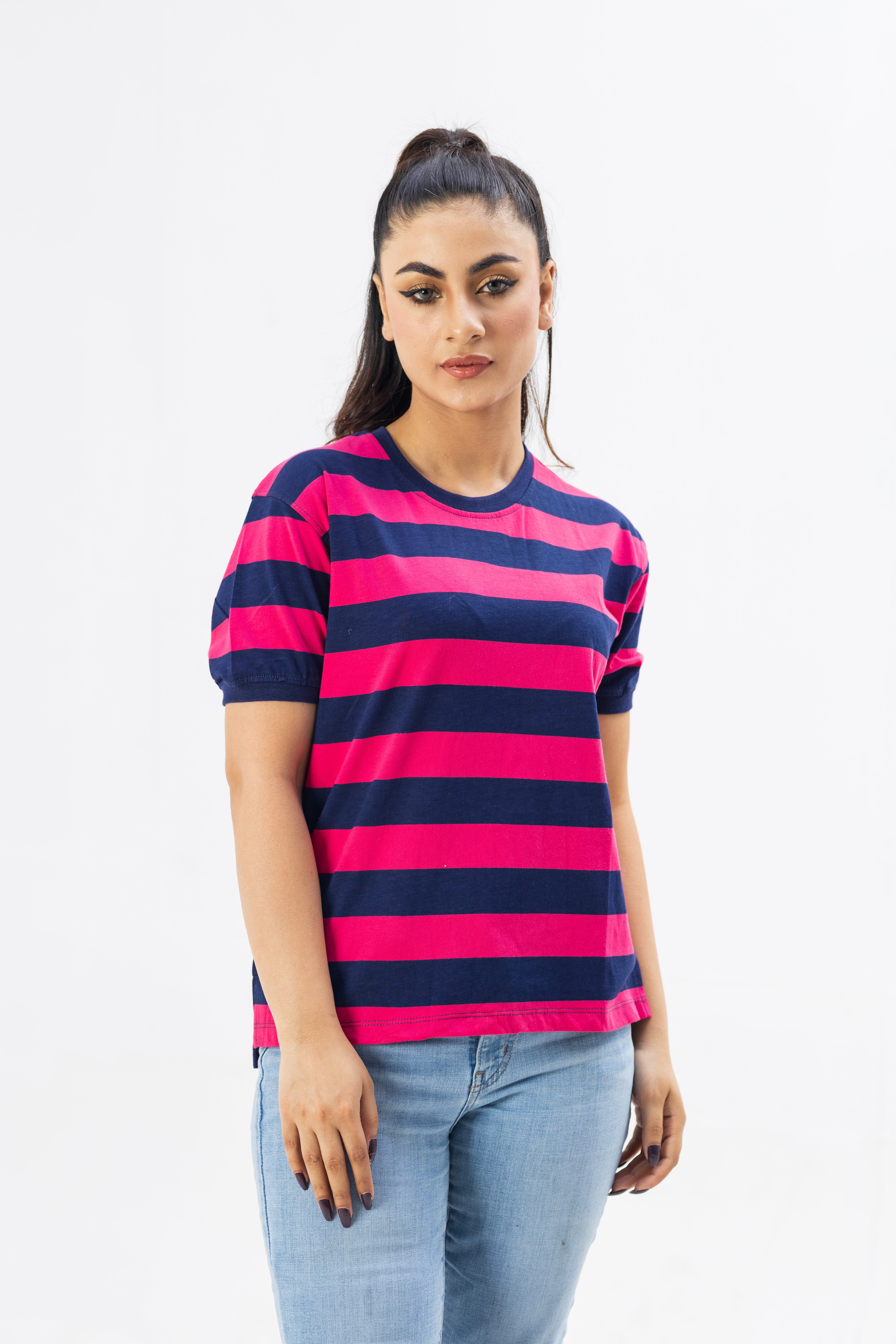 Pink and Blue Striped Women T-shirt