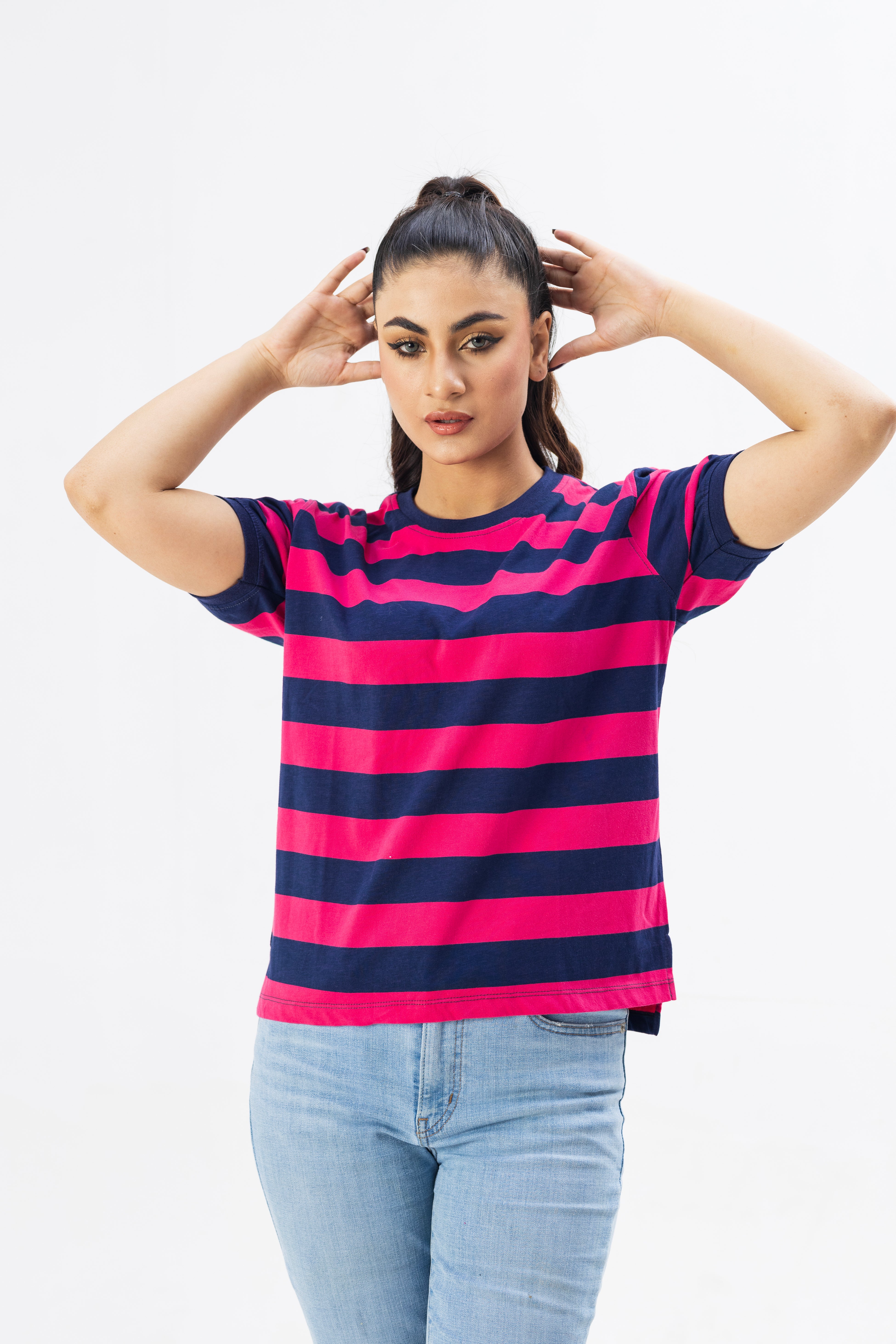 Pink and Blue Striped Women T-shirt