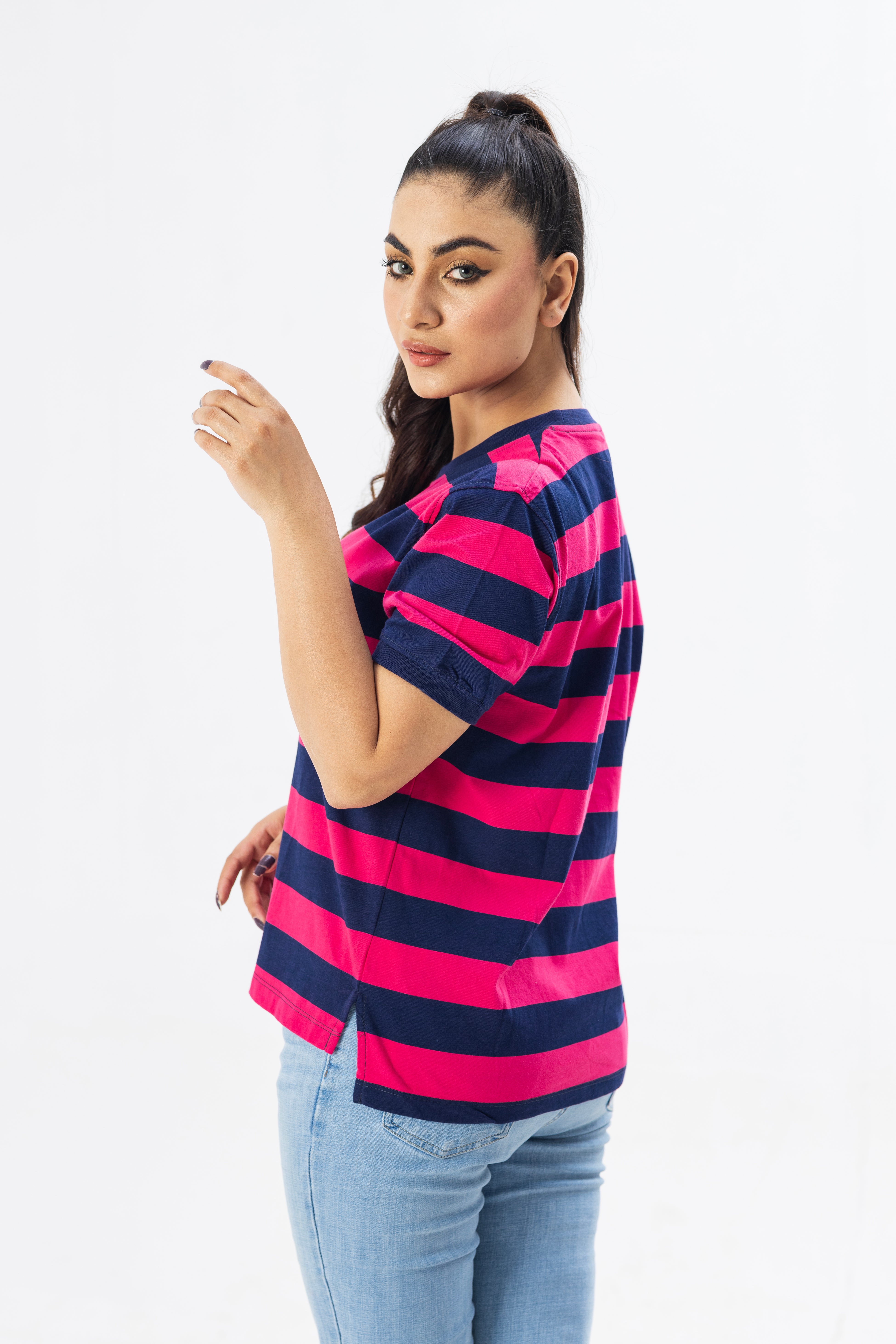 Pink and Blue Striped Women T-shirt