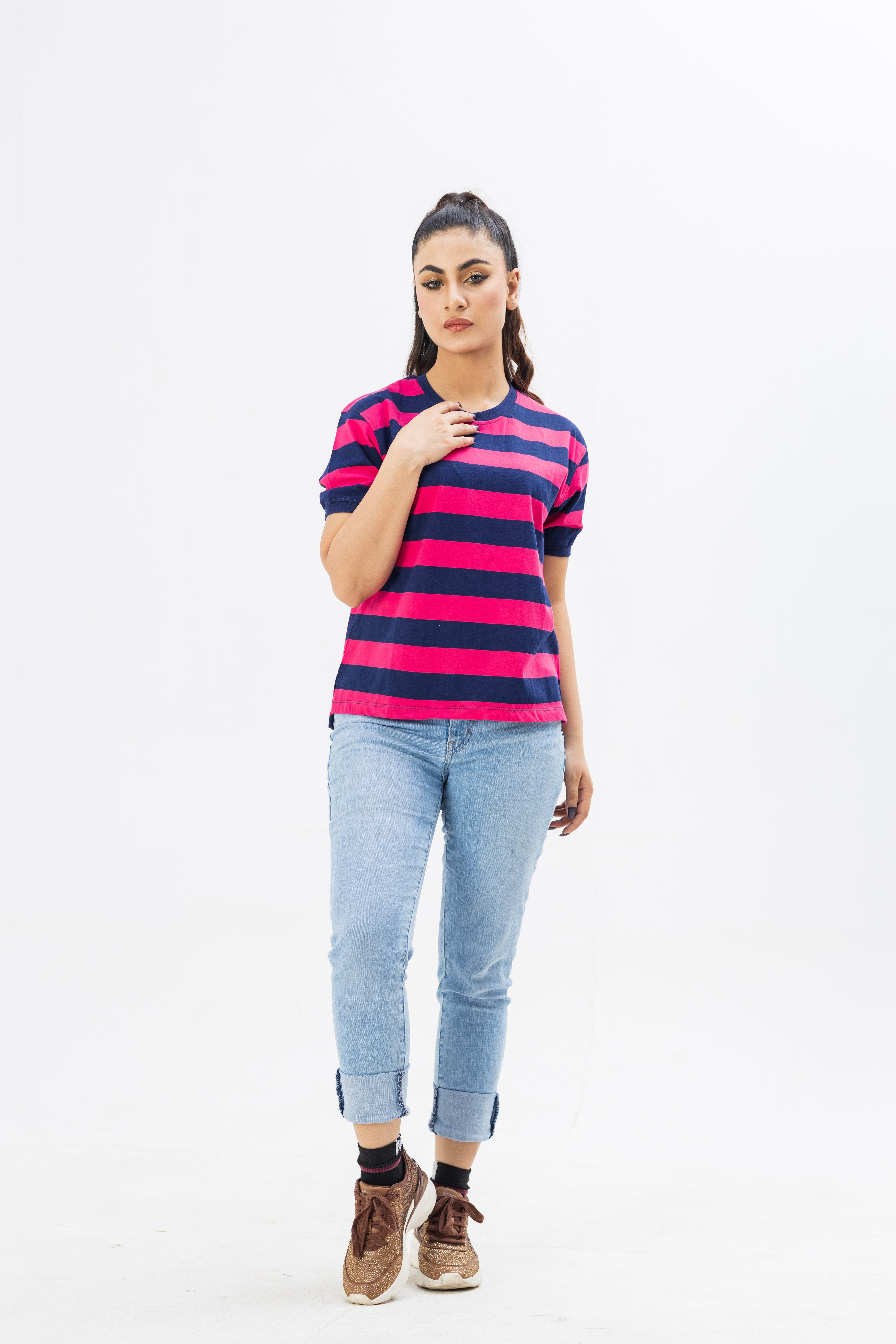 Pink and Blue Striped Women T-shirt